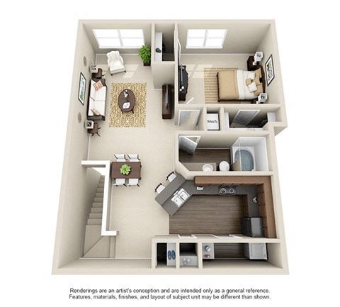 Floor plan for 1 bed, 1 bath, 987 sqft